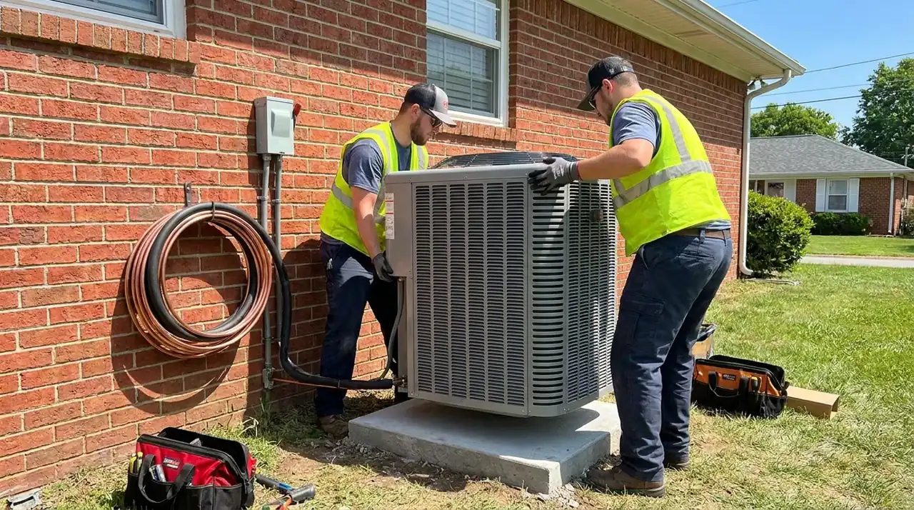 Two technicians installing a new outdoor AC condenser beside a brick house