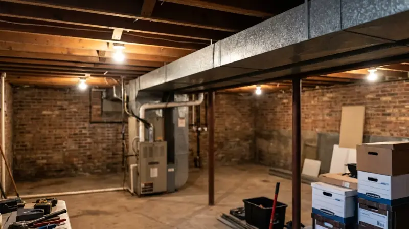Sheet metal ductwork running along the ceiling of an unfinished Chicago basement
