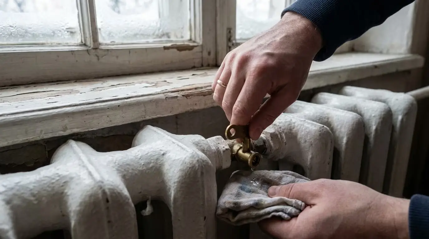 Hand bleeding a cast iron radiator with a radiator key