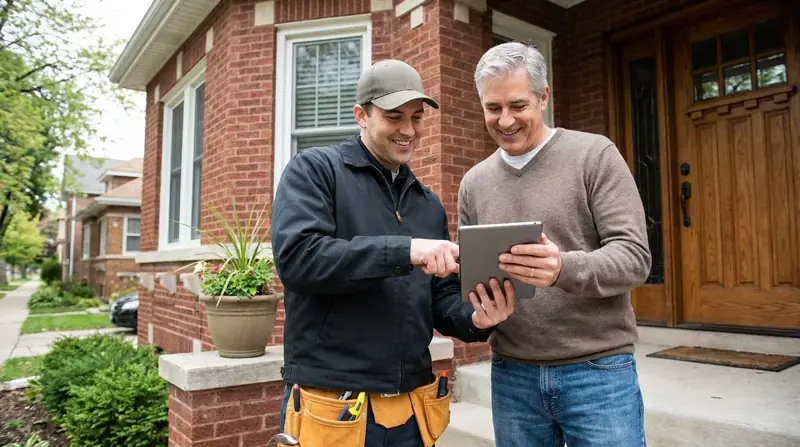 HVAC technician going over options on a tablet with a homeowner at a Chicago front door