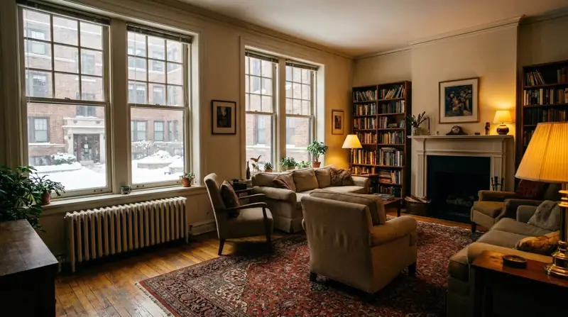 Vintage Chicago courtyard apartment living room heated by a cast iron radiator